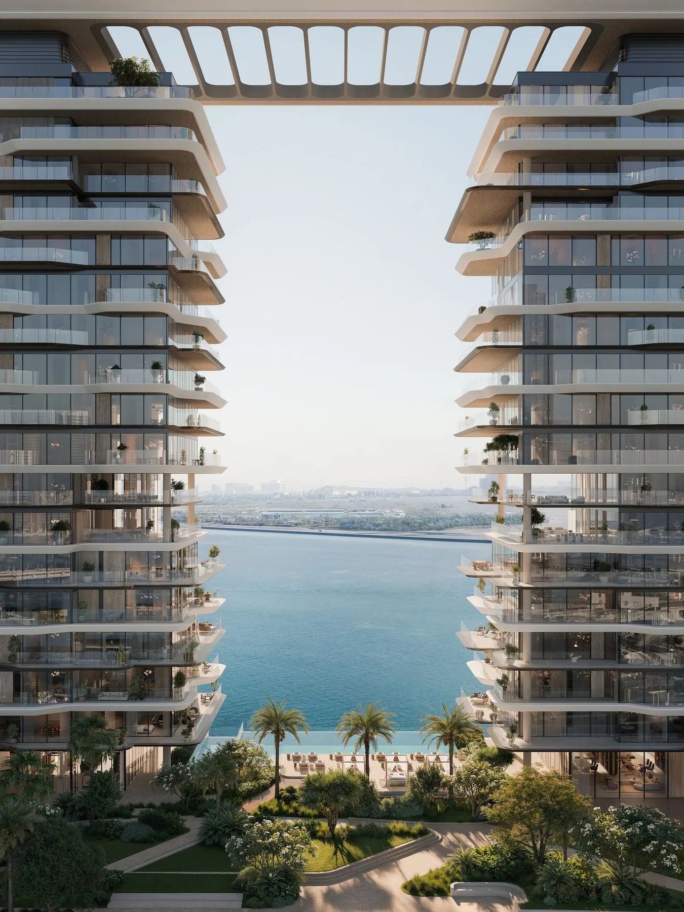 Twin towers framing the sea view